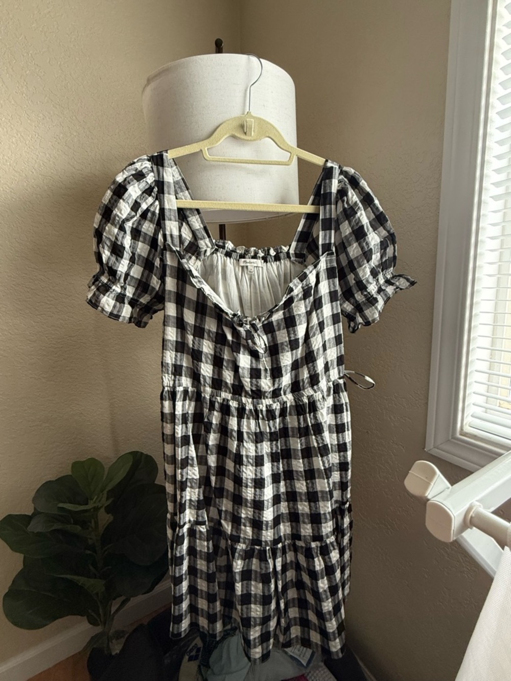 Madewell Black & White Gingham Midi Dress with Puff Sleeves
